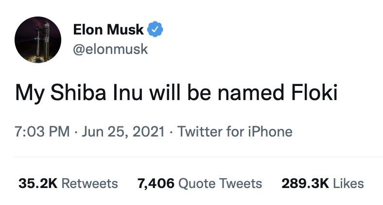 Elon Musk tweeted about his new Shiba Inu dog called Floki.