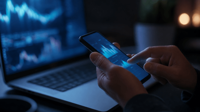Image Alt Text Hands hold a smartphone above a laptop keyboard in a dark workspace lit only by screen glow.