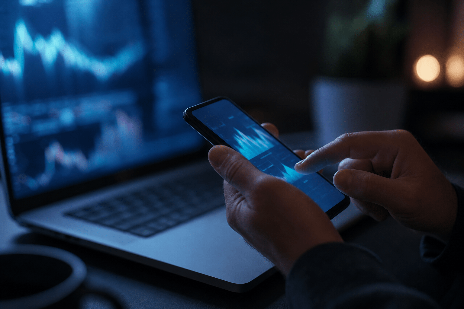 Image Alt Text Hands hold a smartphone above a laptop keyboard in a dark workspace lit only by screen glow.