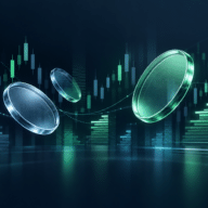 Abstract cryptocurrency coins and trading candlesticks on a dark blue background.