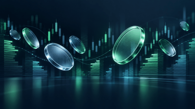 Abstract cryptocurrency coins and trading candlesticks on a dark blue background.