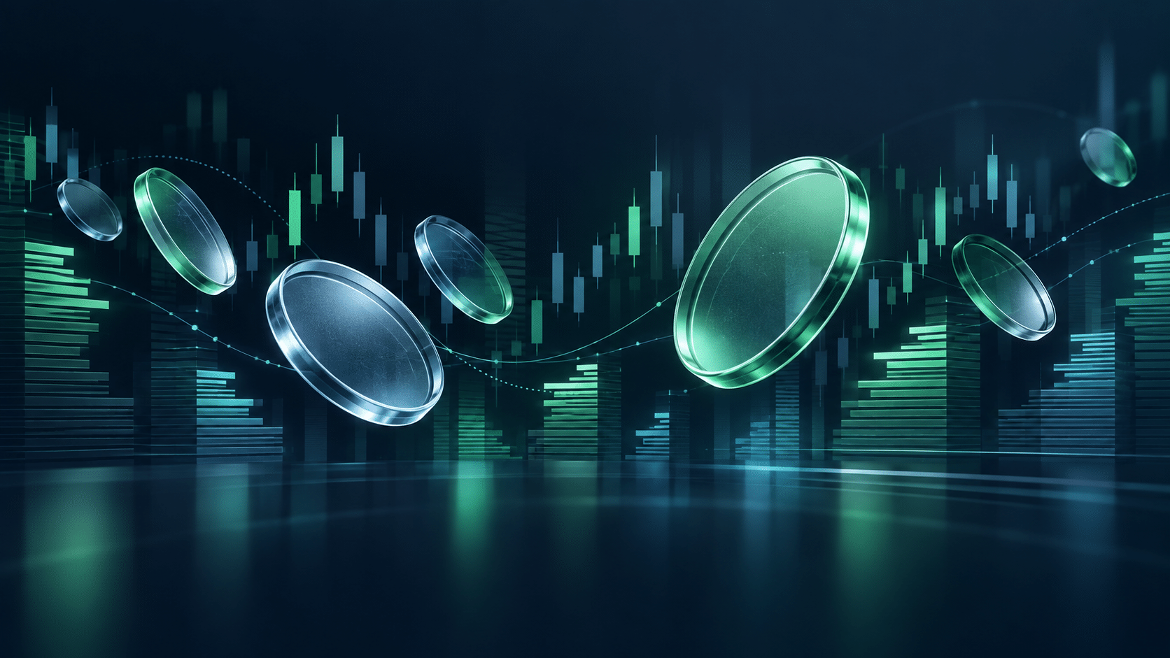 Abstract cryptocurrency coins and trading candlesticks on a dark blue background.