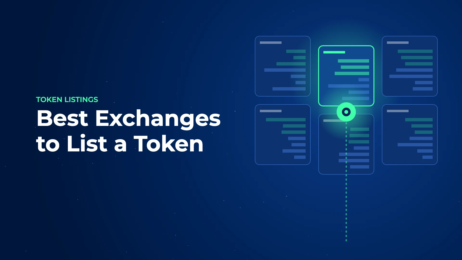 A bright green token rising into one of several dark blue exchange panels on a grid