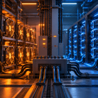 AI-generated illustration comparing Bitcoin ASIC mining rigs and AI GPU servers connected to electrical infrastructure.