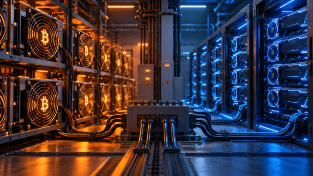 AI-generated illustration comparing Bitcoin ASIC mining rigs and AI GPU servers connected to electrical infrastructure.