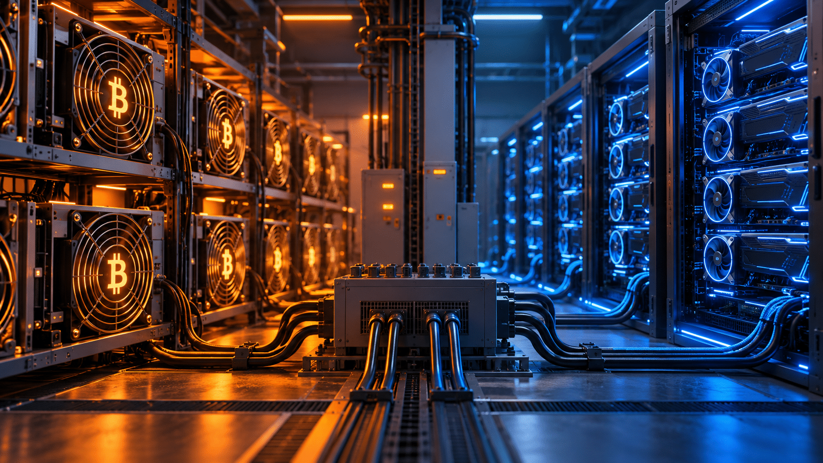 AI-generated illustration comparing Bitcoin ASIC mining rigs and AI GPU servers connected to electrical infrastructure.