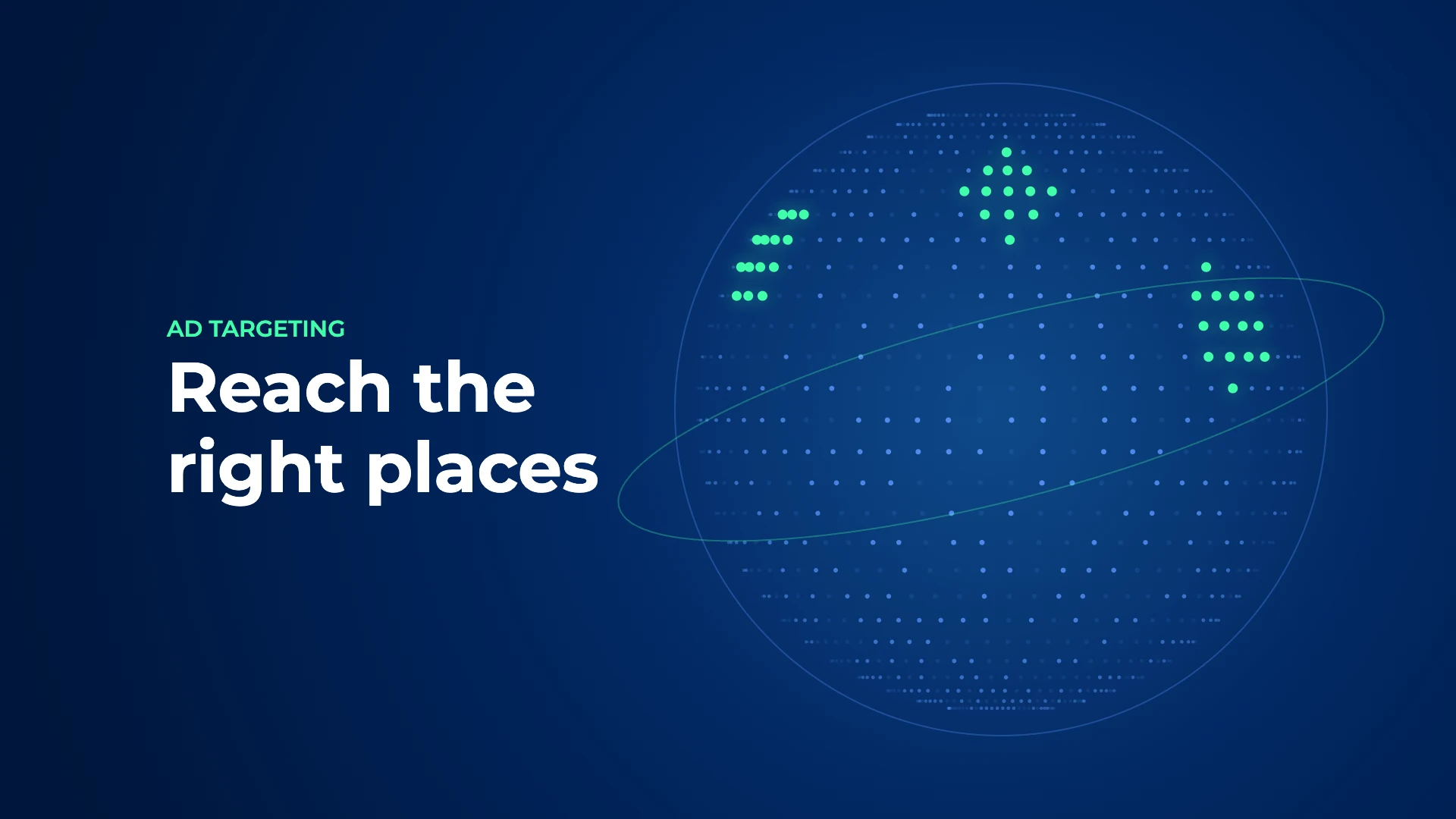 A dark blue globe made of dots with three bright green regions lit up