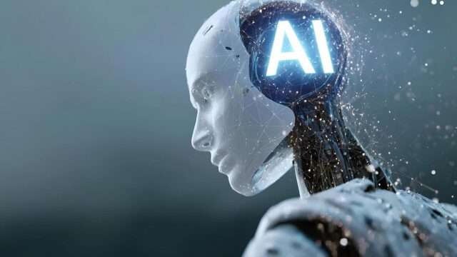 Profile of a humanoid robot head with a glowing AI brain