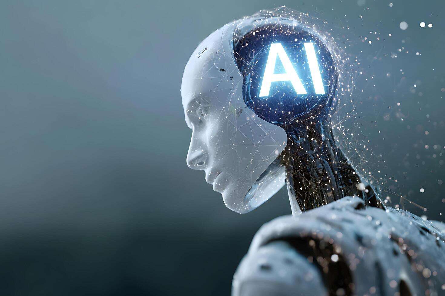 Profile of a humanoid robot head with a glowing AI brain