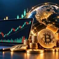 Gold Bitcoin and Ethereum coins with a laptop chart and globe representing crypto API trading