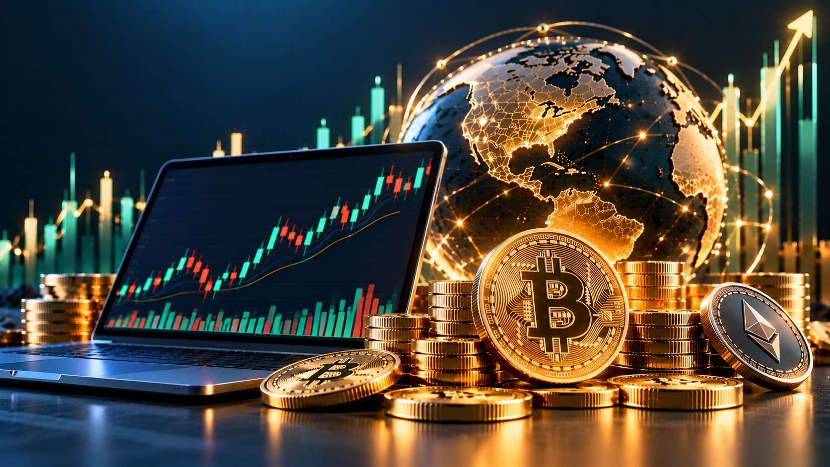 Gold Bitcoin and Ethereum coins with a laptop chart and globe representing crypto API trading