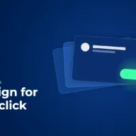 Three overlapping cards in deep blue, the front one with a bright green button