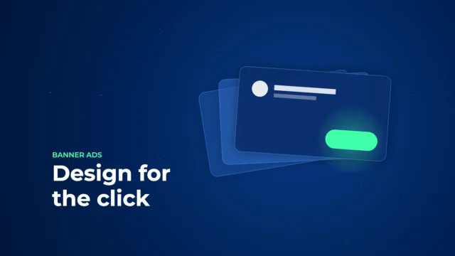 Three overlapping cards in deep blue, the front one with a bright green button