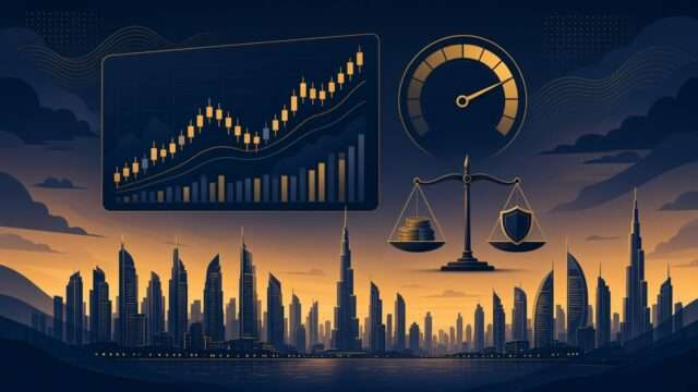 Dubai-style skyline with a trading chart, leverage gauge and a scale balancing coins against a shield
