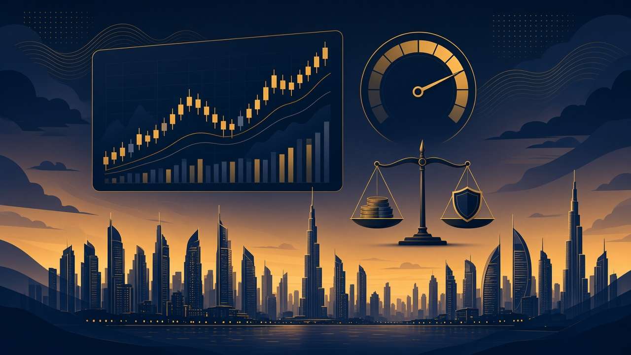 Dubai-style skyline with a trading chart, leverage gauge and a scale balancing coins against a shield
