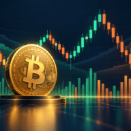 AI-generated illustration of Bitcoin with price candlesticks, trading-volume bars and order-book layers