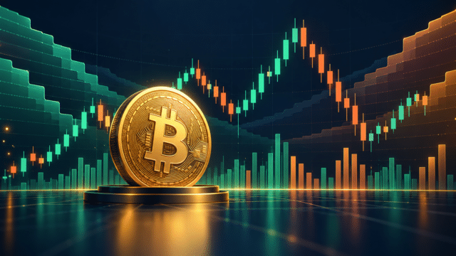 AI-generated illustration of Bitcoin with price candlesticks, trading-volume bars and order-book layers