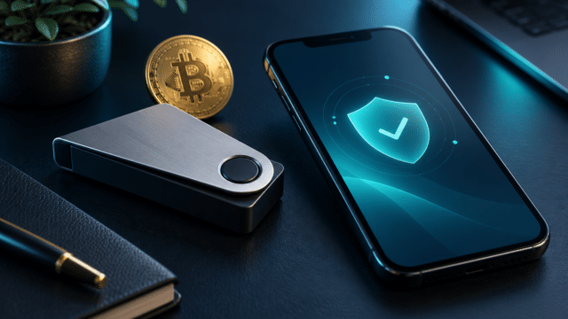 Hardware wallet, Bitcoin coin and smartphone with a security shield on a dark desk.