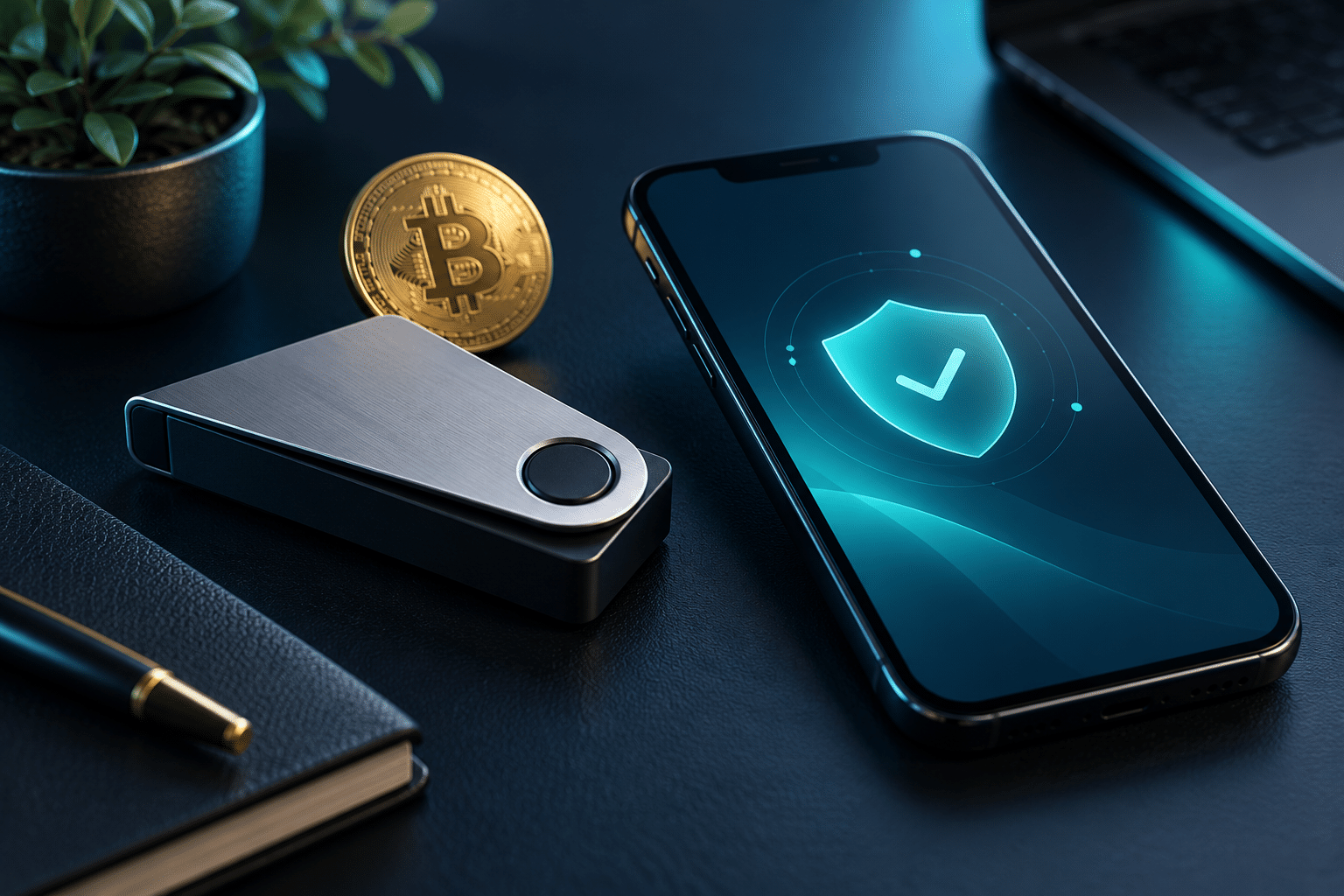 Hardware wallet, Bitcoin coin and smartphone with a security shield on a dark desk.