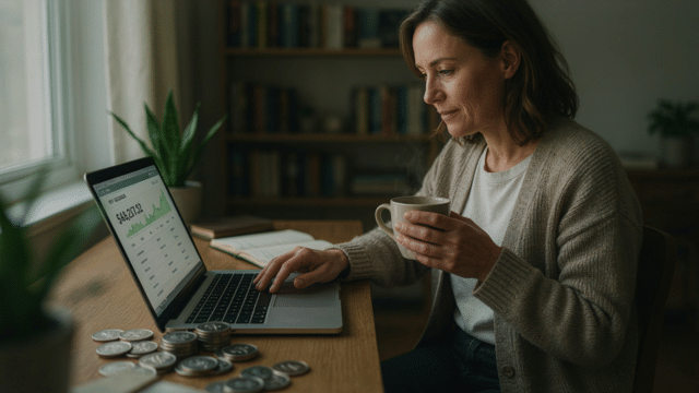Woman reviewing a cryptocurrency price chart on a laptop beside coins.