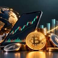 Gold Bitcoin and Ethereum coins with a phone chart, globe and rising bars representing institutional crypto services