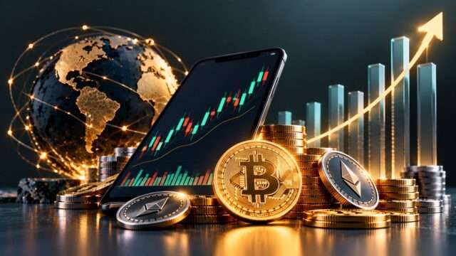 Gold Bitcoin and Ethereum coins with a phone chart, globe and rising bars representing institutional crypto services