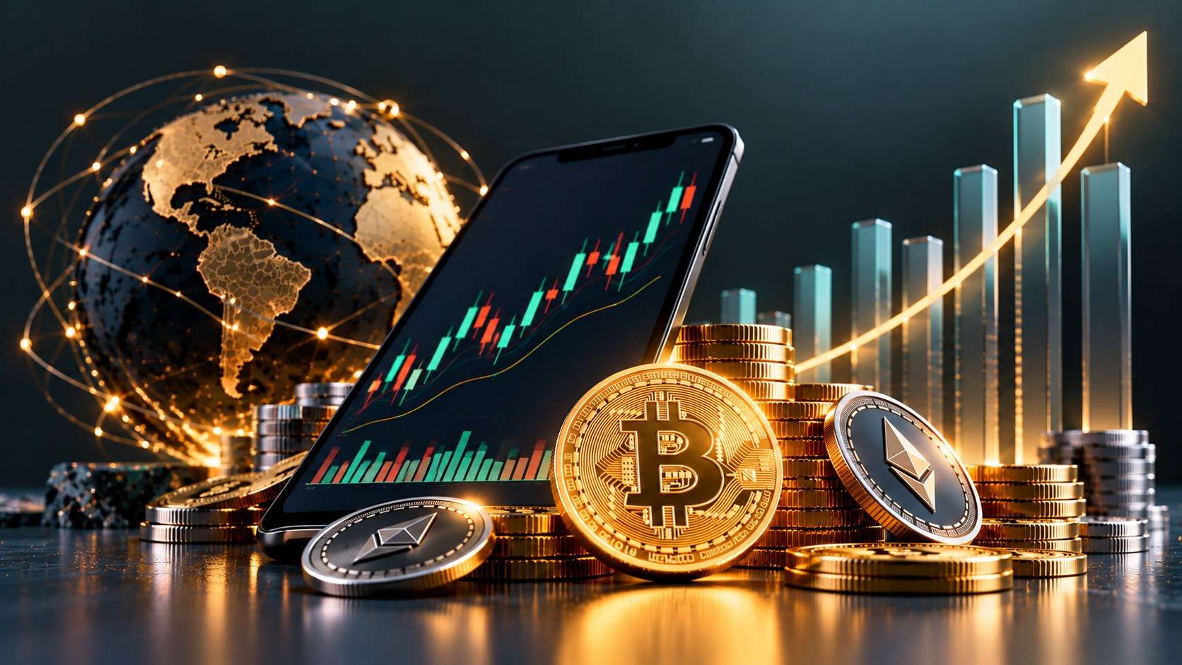 Gold Bitcoin and Ethereum coins with a phone chart, globe and rising bars representing institutional crypto services