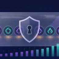 Privacy shield over a row of abstract crypto coins with rising market cap bars