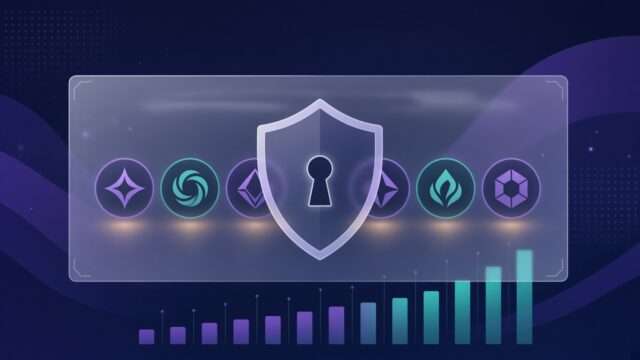 Privacy shield over a row of abstract crypto coins with rising market cap bars