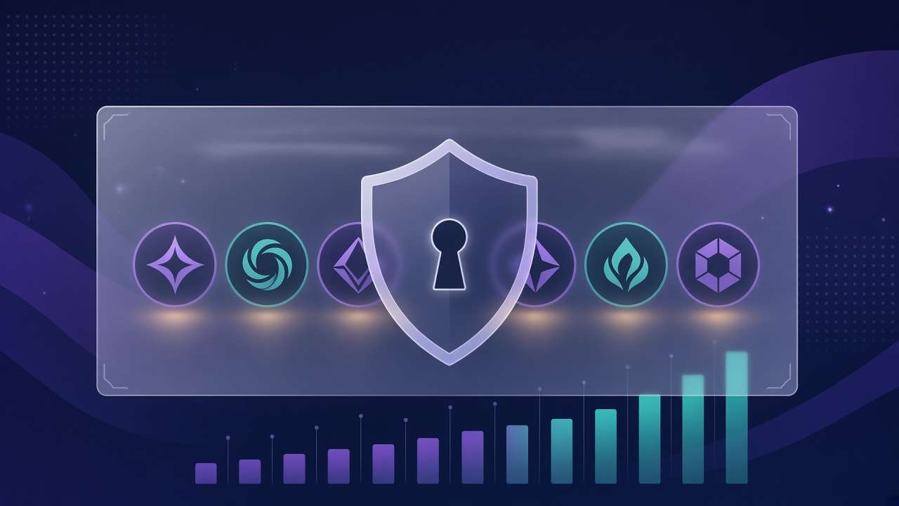 Privacy shield over a row of abstract crypto coins with rising market cap bars