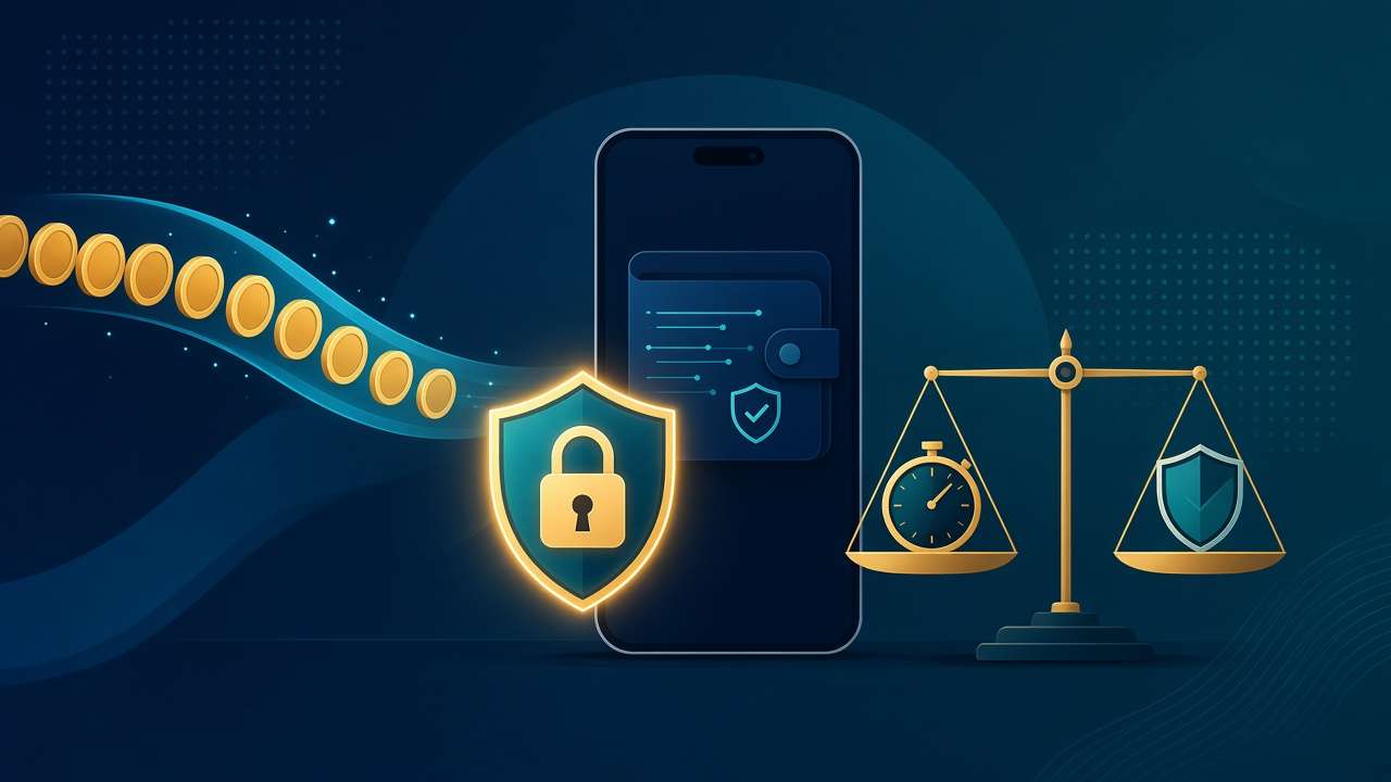 Padlock shield and digital wallet beside a scale balancing payment speed against security