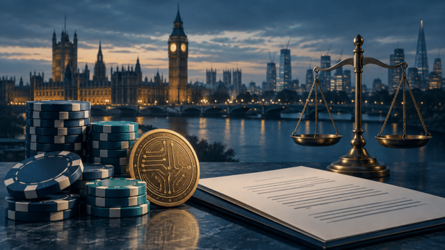 Casino chips, a digital currency coin and scales of justice with the London skyline