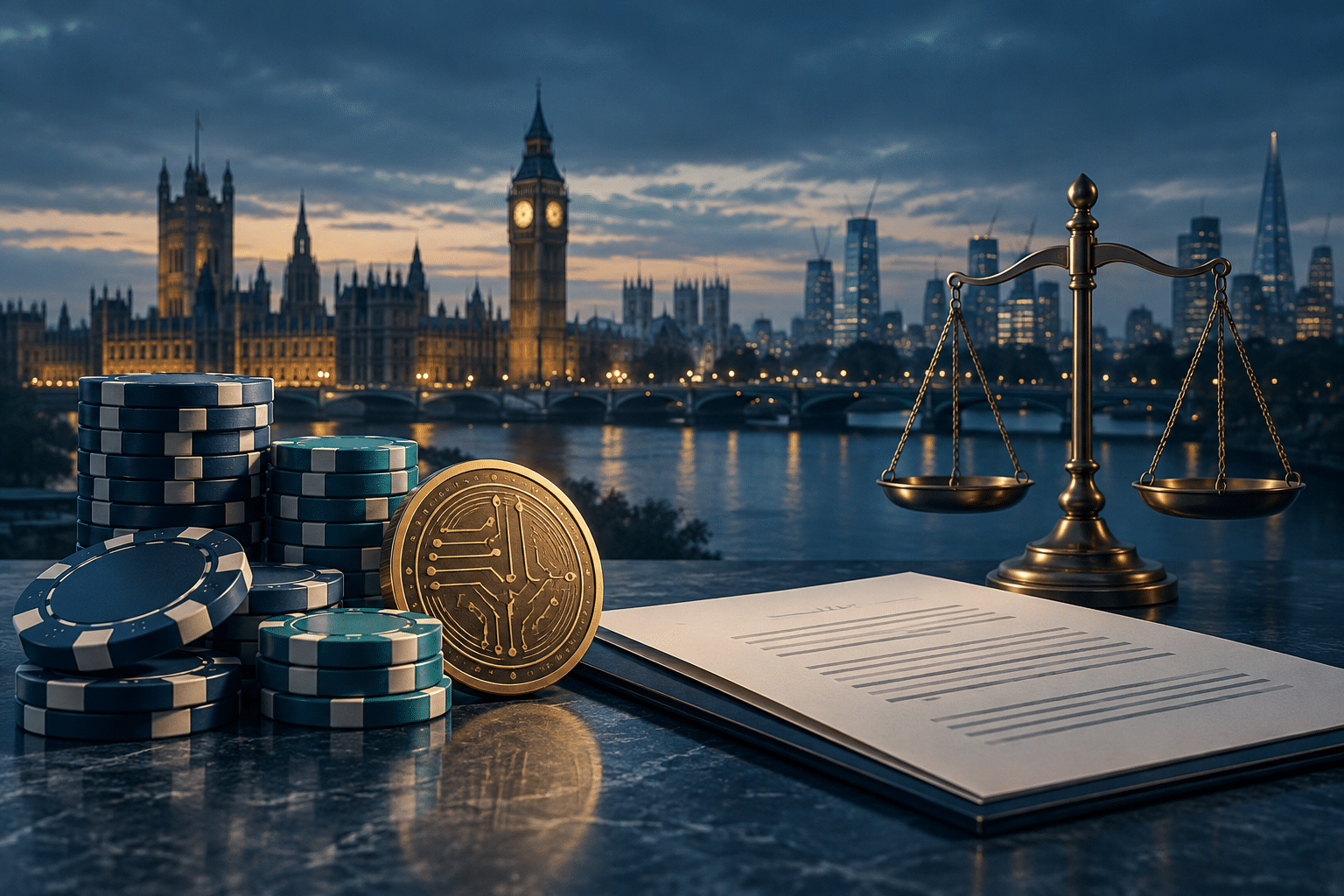 Casino chips, a digital currency coin and scales of justice with the London skyline
