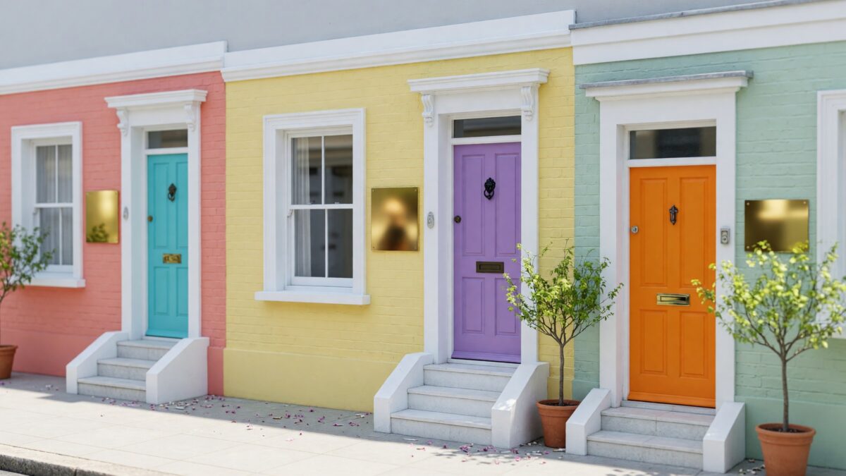 A row of colourful terraced townhouse front doors with blank polished brass name plaques beside them in bright daylight