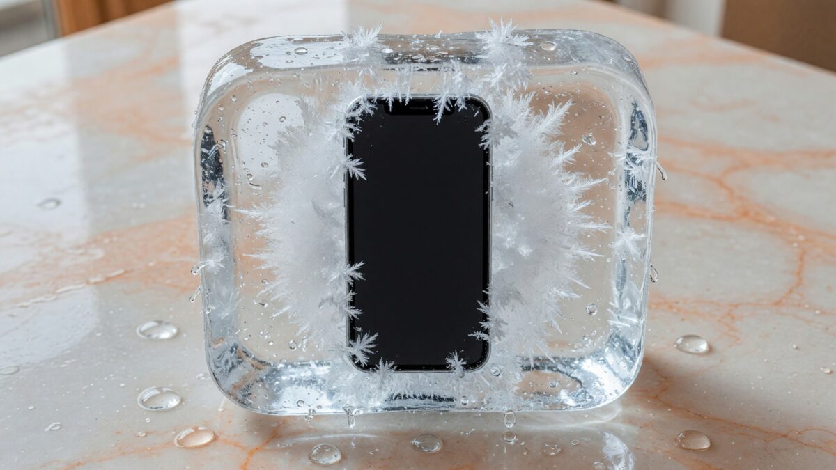 A smartphone frozen inside a thick block of ice on a pale stone counter, frost crystals around it