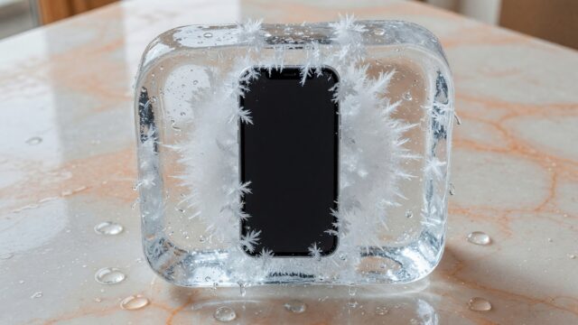 A smartphone frozen inside a thick block of ice on a pale stone counter, frost crystals around it