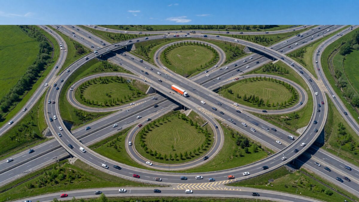 Aerial view of a busy highway interchange where several roads meet on a clear afternoon