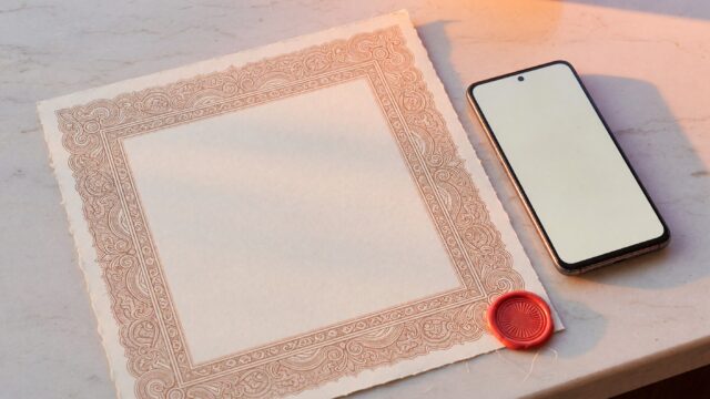 An engraved paper share certificate with a blank face beside a smartphone on a stone counter in warm daylight