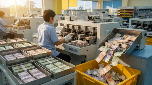 Banknote sorting machines in a bright cash processing centre with trays of note bundles and one tray spilling loose notes into a collection bin