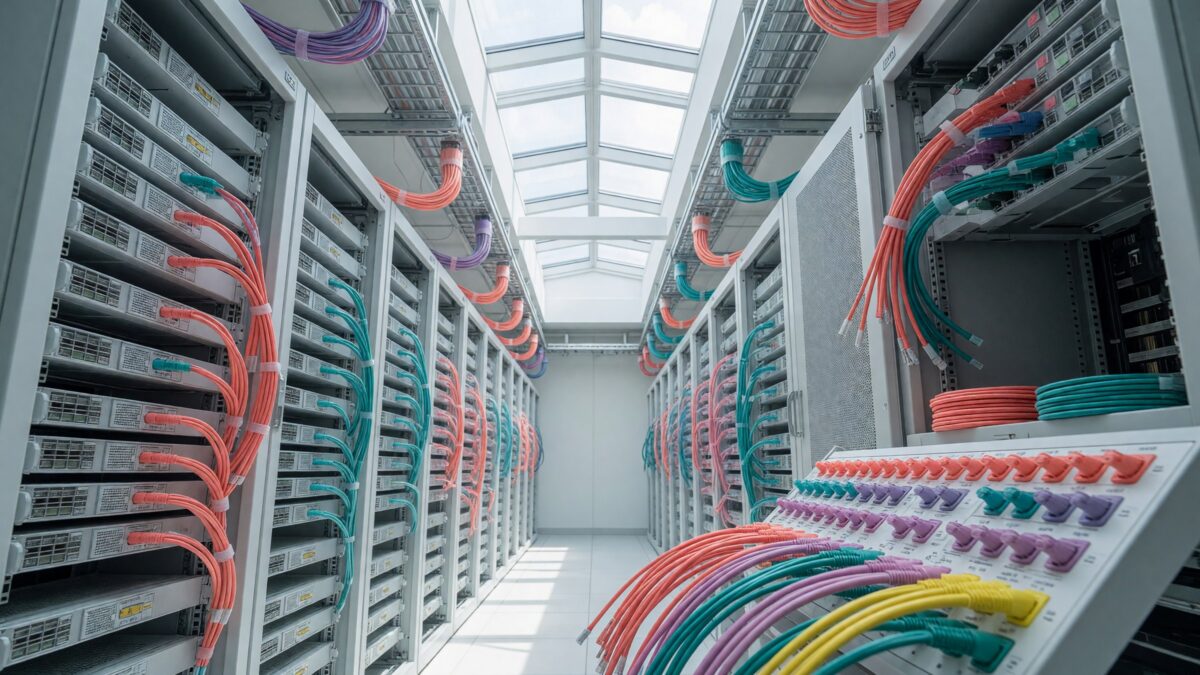 Bright data center aisle with server racks and colorful fiber optic patch cables under a skylight