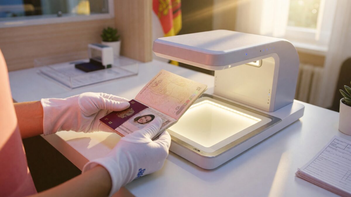 Gloved hands holding a passport under a bright document verification scanner on an official counter