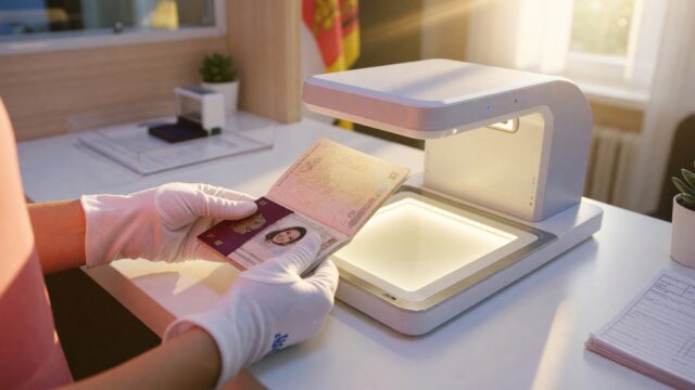 Gloved hands holding a passport under a bright document verification scanner on an official counter