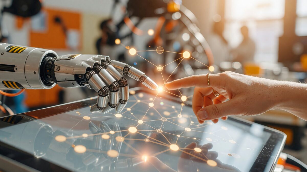 Human and robot hands interacting with an AI network on a touchscreen