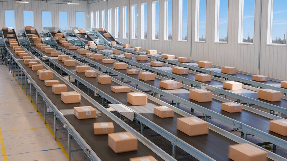 Long conveyor belts carrying plain parcels through a bright modern sorting facility with tall daylight windows