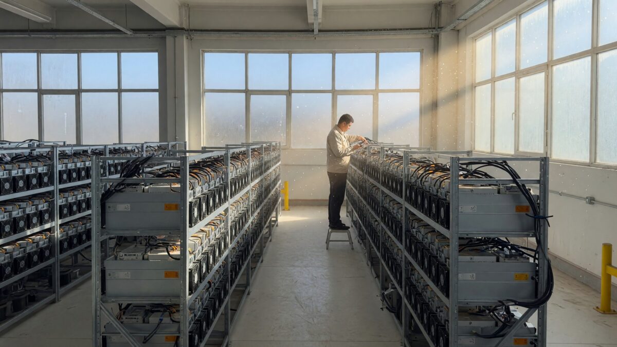 Rows of ASIC mining machines on steel racks in a bright modern mining facility with large windows and one technician checking a rack